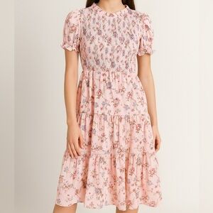 Ivy City Co Madeline Pink Floral Smocked Tiered Midi Dress SIZE XXS